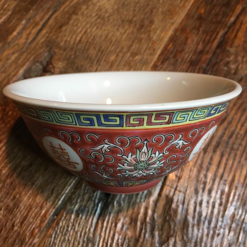 Chinese coral red mun shou longevity pattern rice bowl